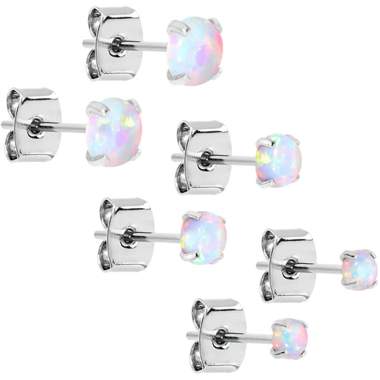 WHITE SYNTHETIC OPAL STAINLESS STEEL POST STUD EARRING PACK SET OF 3