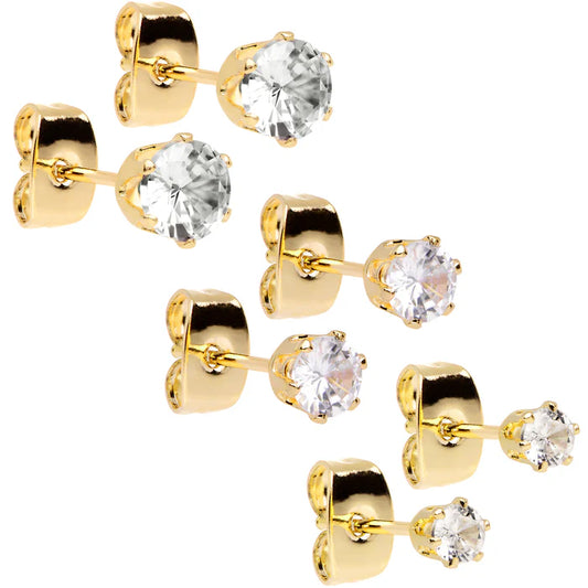 20 GAUGE CLEAR CZ GEM GOLD TONE 3MM TO 5MM POST STUD EARRING SET OF 3