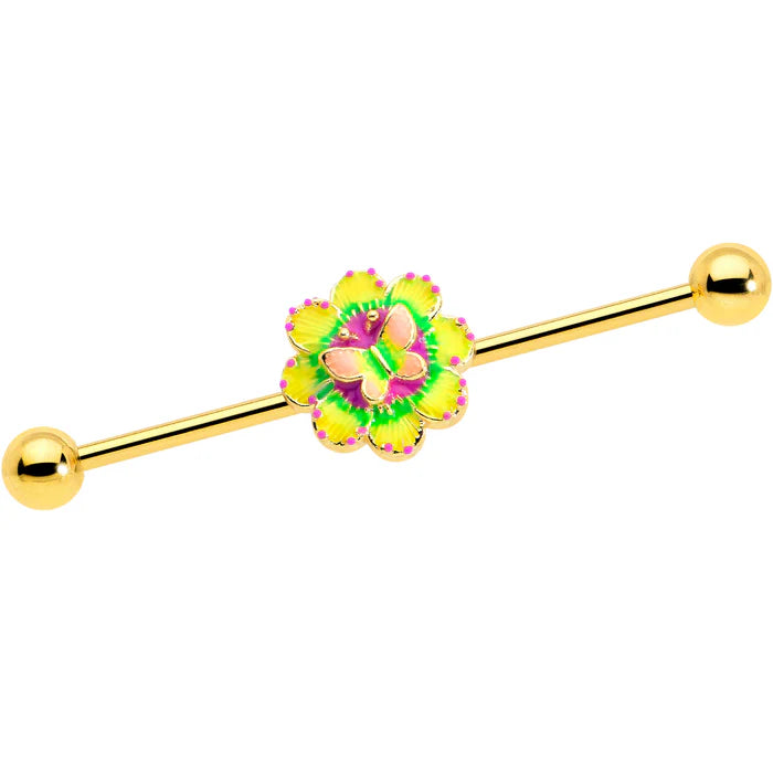 14 GAUGE GOLD TONE TIE DYE BUTTERFLY STYLE INDUSTRIAL BARBELL 38MM